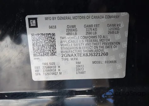 2018 Chevrolet Equinox Lt z USA, uszkodzony, nr VIN 2GNAXTEX8J6321260